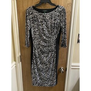 Lauren Ralph Lauren Womens Black White Leopard Ruched Sheath Dress Sz 10 Stretch